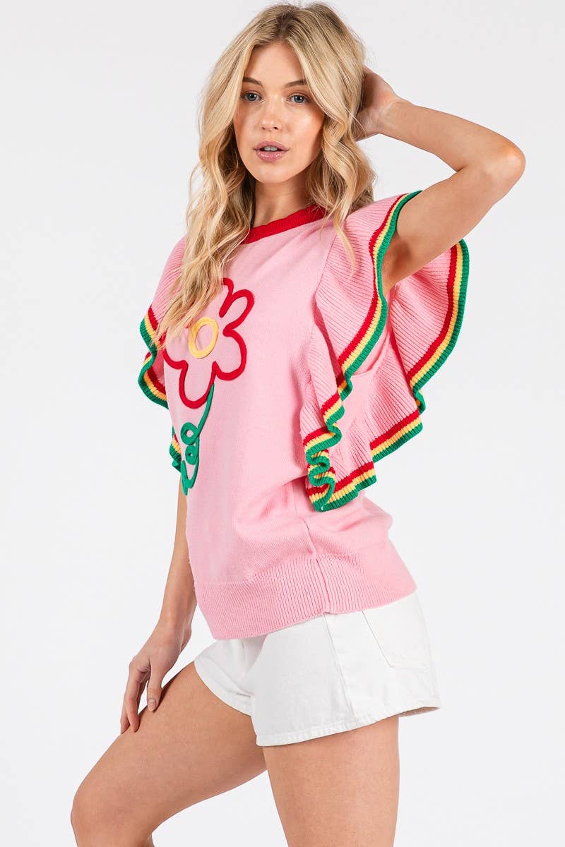 PINK FLORAL RUFFLE KNIT SWEATER TOP  for wholesale on Faire1