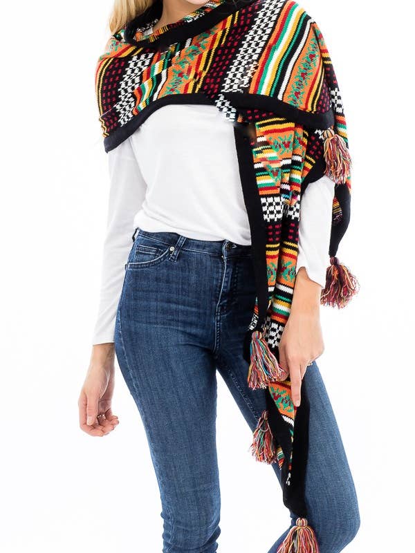 Tribal Patterned and Thick Black Outlined Knit Long Scarf for wholesale by Cap Zone