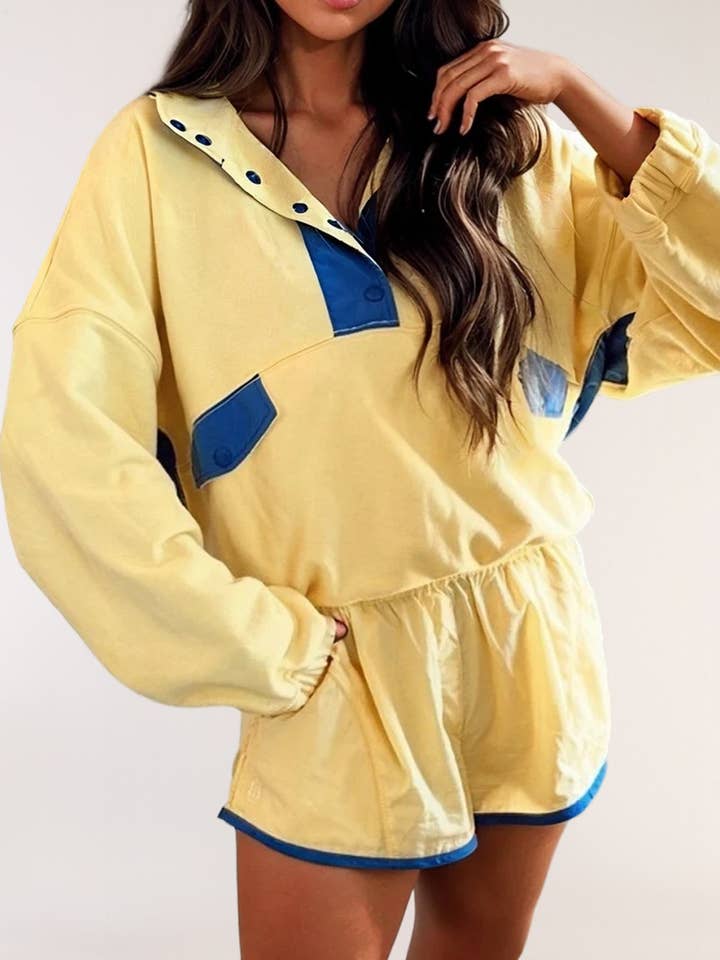 Color Block Patchwork Half Button Pullover and Shorts Outfit for wholesale by LA Society