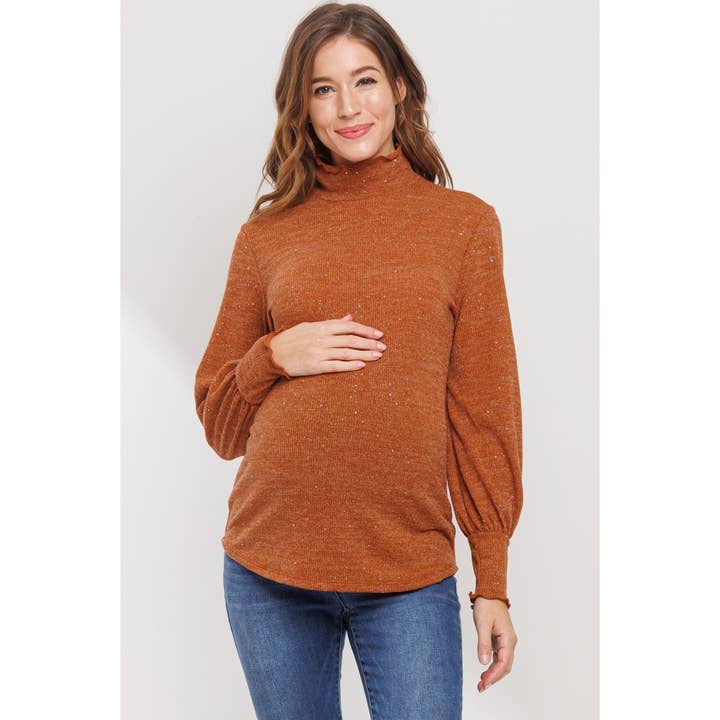 Glitter Knit Long Sleeve Maternity Turtle Neck Top for wholesale by Hello Miz