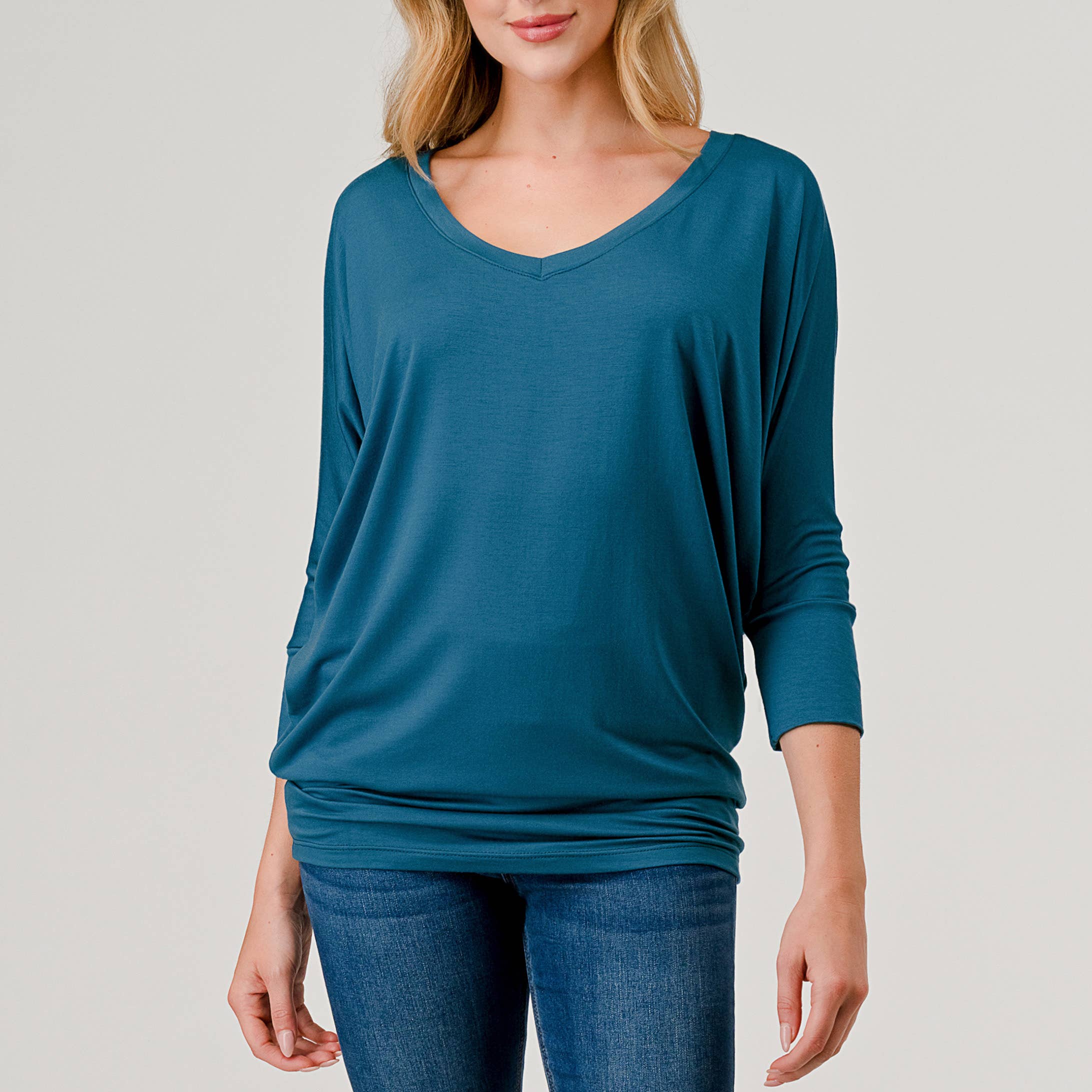 Heimious - Wholesale Knit Top - Women's - 3/4 Dolman Sleeve V-neck Modal Jersey Top, 257370