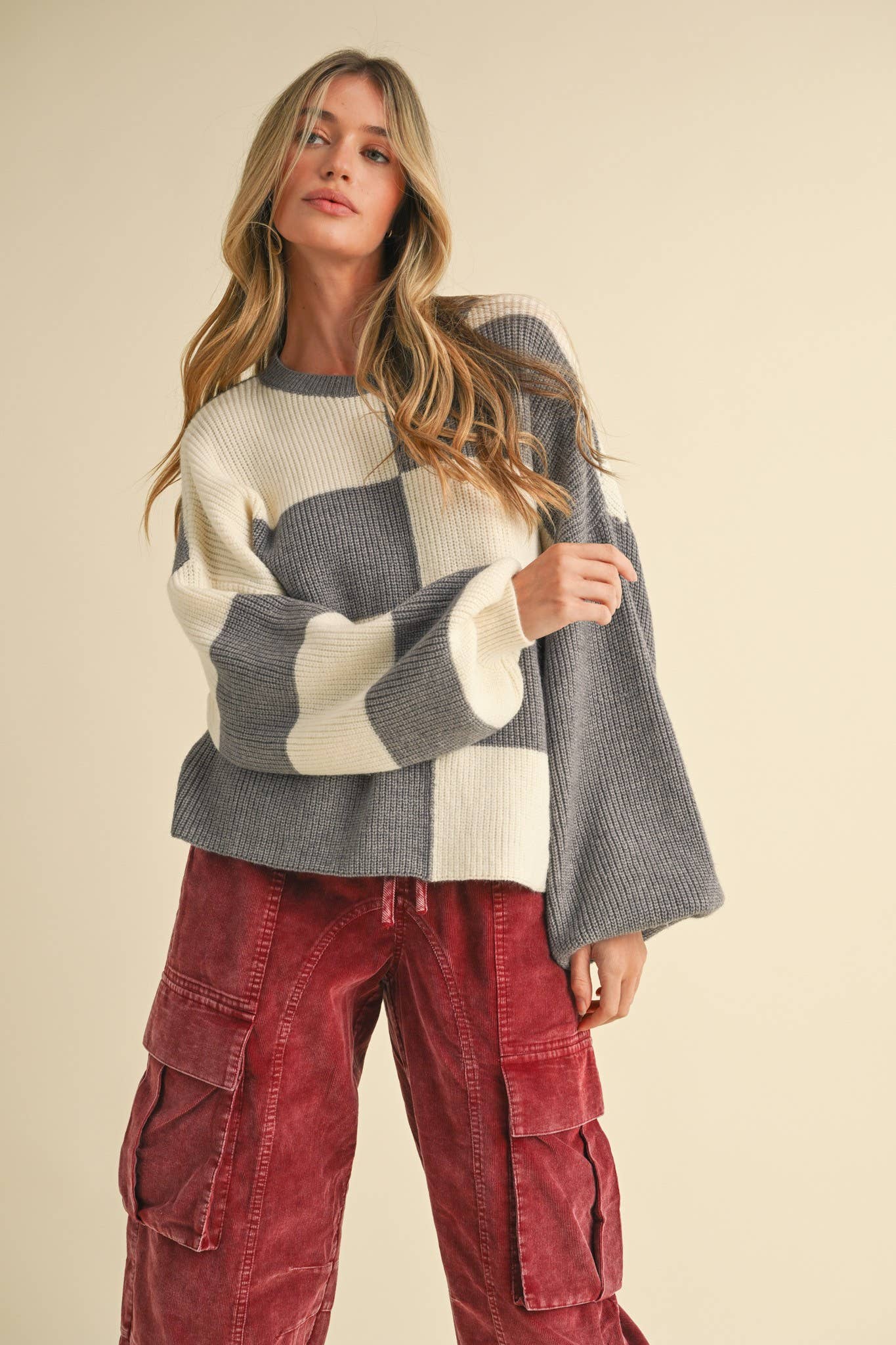 &MERCI - Wholesale Knit Sweater - Women's - OVERSIZED MIXED COLOR BLOCK SWEATER MSW1068115