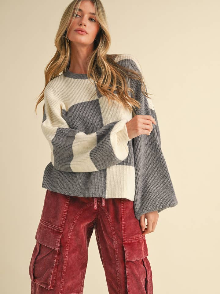 &MERCI - Wholesale Knit Sweater - Women's - OVERSIZED MIXED COLOR BLOCK SWEATER MSW1068115