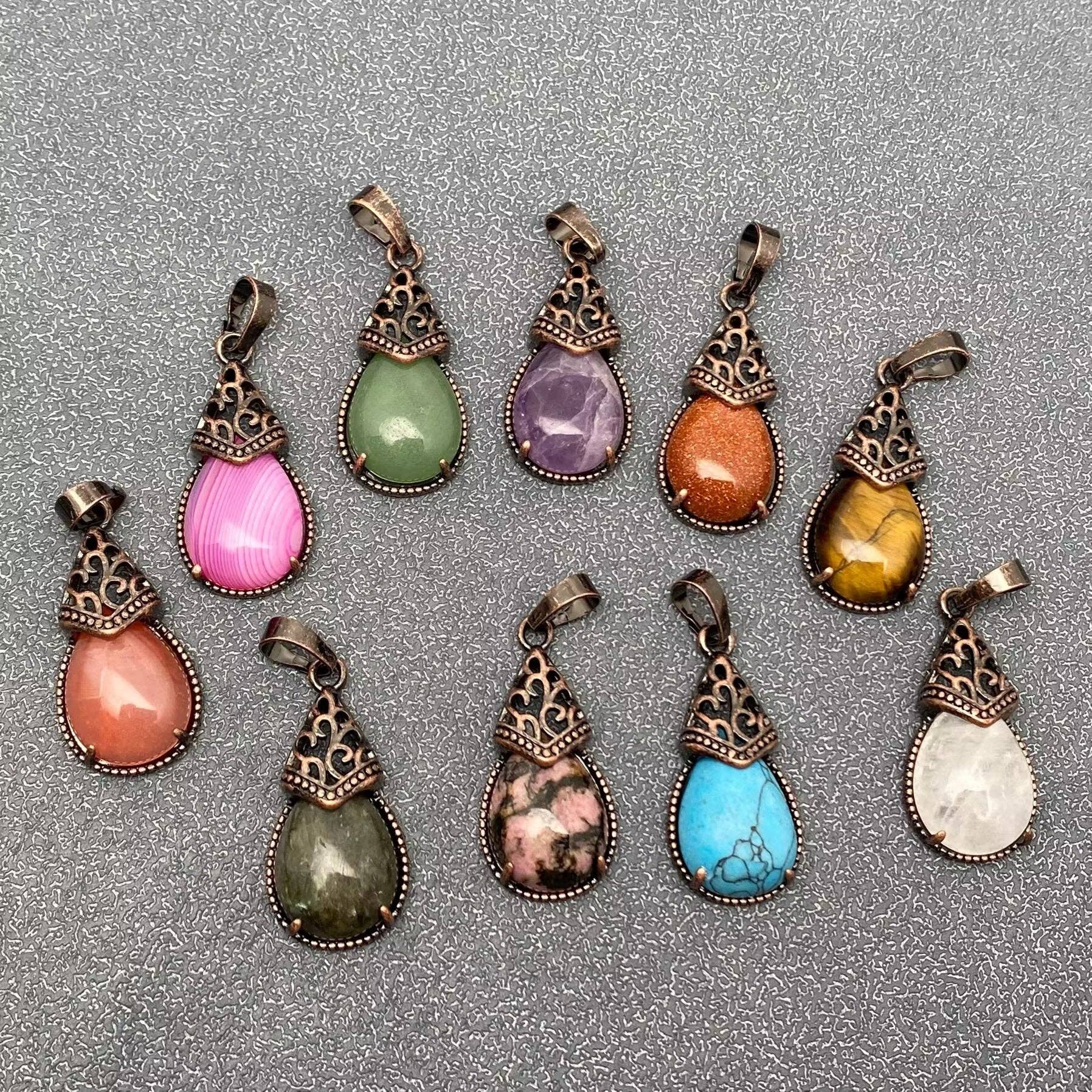 Mio Queena - Wholesale Individual Charm/Pendant - Drop-shaped Natural Stone Bronze Charms (Single Pendant) -CS28