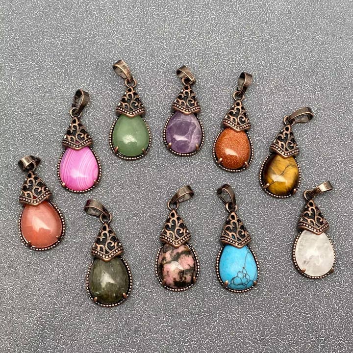 Mio Queena - Wholesale Individual Charm/Pendant - Drop-shaped Natural Stone Bronze Charms (Single Pendant) -CS28