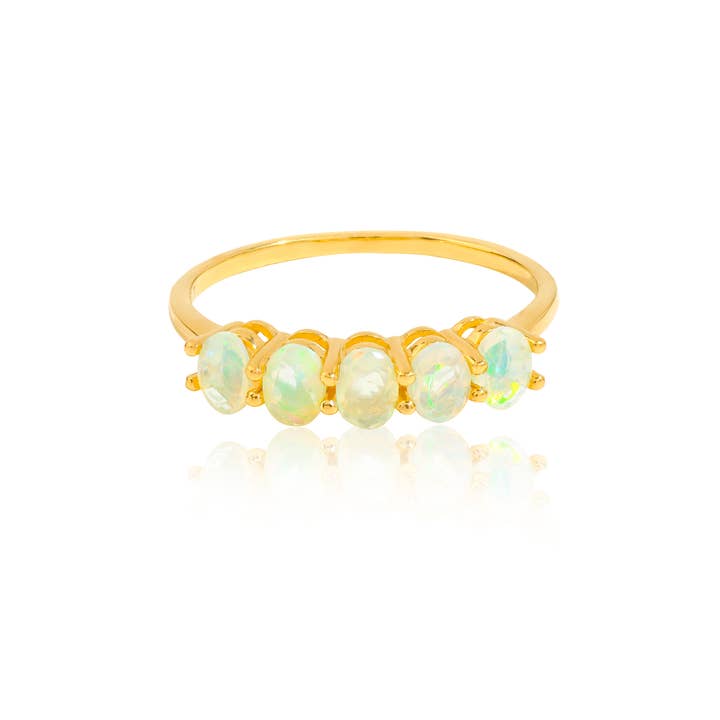 Tiramisu - Wholesale Single Stone/Solitaire Ring - Gold Plated Silver Five-Stone Oval Ethiopian Opal Band Ring0