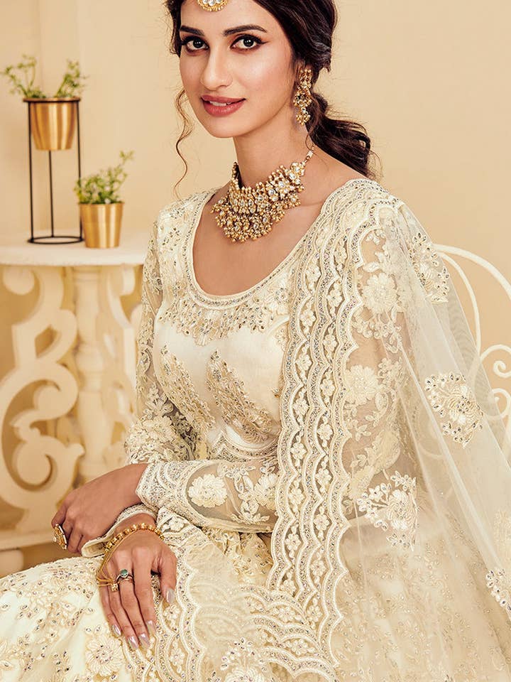 HATKE BRIDE - Wholesale Gown – Women's - White Net Lehenga Choli For Indian Festivals & Weddings - Thread Embroidery Work, Codding Embroidery Work, Butta Work, Stone Work2