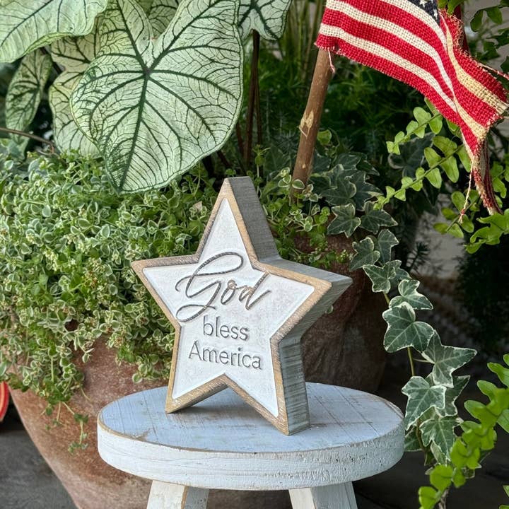 Collins Painting & Design - Wholesale Decorative Tabletop Object - PS-8428 - Bless America Carved Star