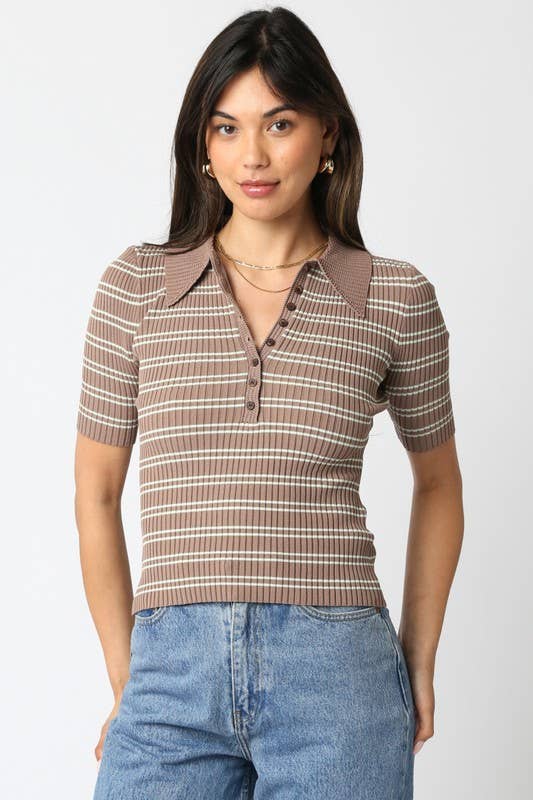 Olivaceous - Wholesale Button Down Shirt - Women's - Ina Stripe Top9