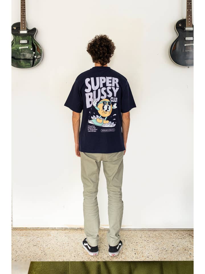 Nostalgic Apparel - Wholesale Screen Printed T-Shirt - Unisex - Super Bussy Club | DarkBlue Tee4