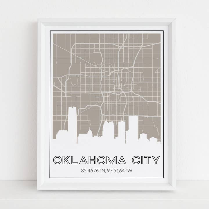 Impressão de Oklahoma City com horizonte, mapa, + coordenadas da cidade por atacado de Paperfinch Design