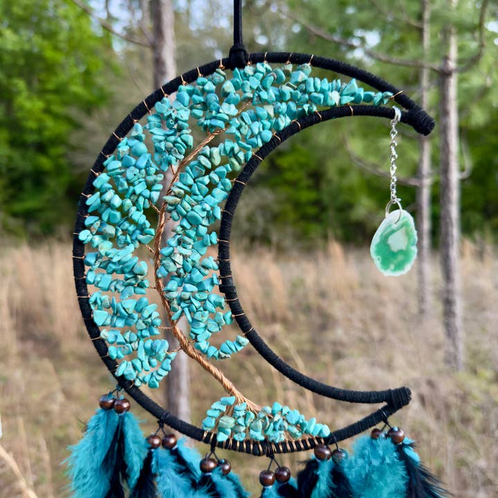 Guzel Handcrafts - Wholesale Dream Catcher - Medium Wall Hanging Crescent Moon Dream Catcher with Turquoise Stones & Hanging Stone Charm with Turquoise Black Feathers Modern Home Decor