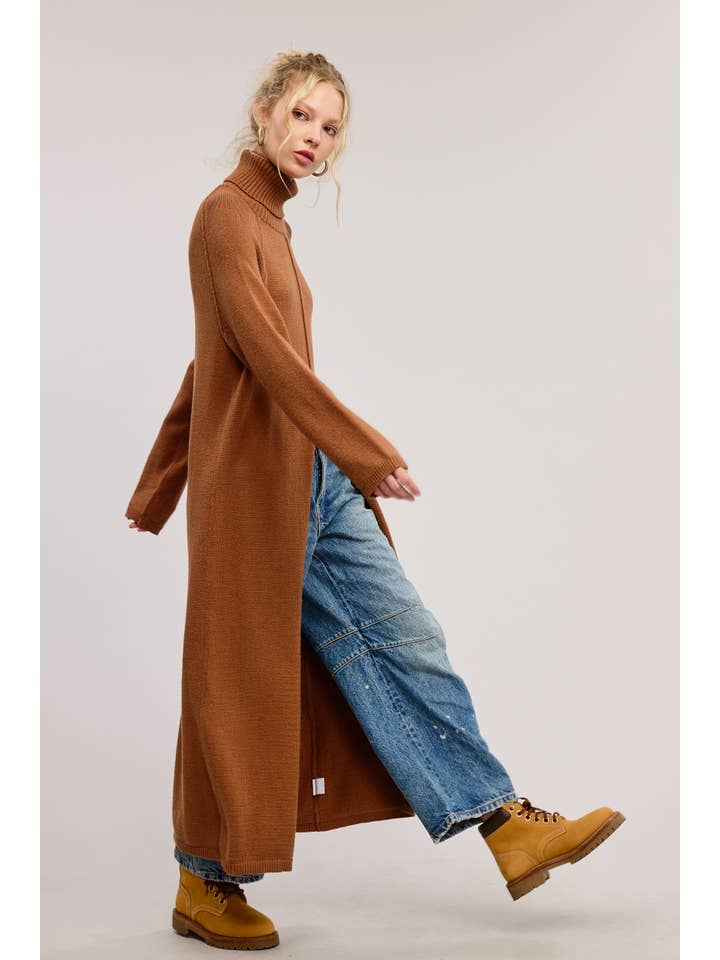 Mimosa - Wholesale Dress - Women's - Seam Detail Turtleneck Tunic Sweater Dress with Slit