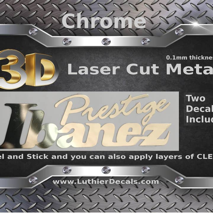 Autocollant pour guitare Ibanez Prestige 3D en métal découpé au laser M10 pour la vente par Luthier decals