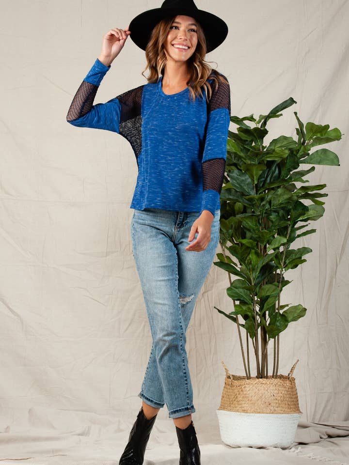 KNIT TOP W/ CONTRAST MESH-COBALT for wholesale by Lucca Couture