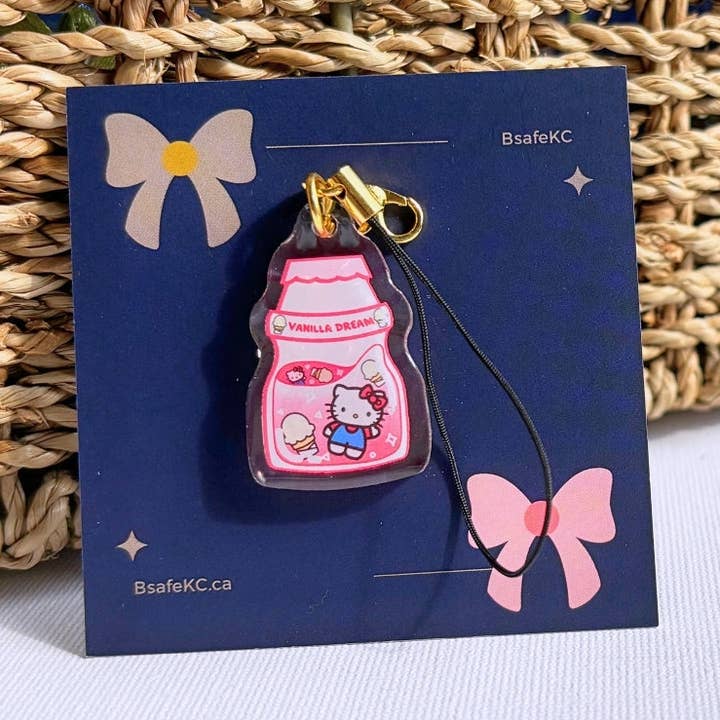Breloque Hello Kitty pour téléphone en acrylique, porte-clés yakult, fait main, joli cadeau Sanrio pour la vente par BsafeKC