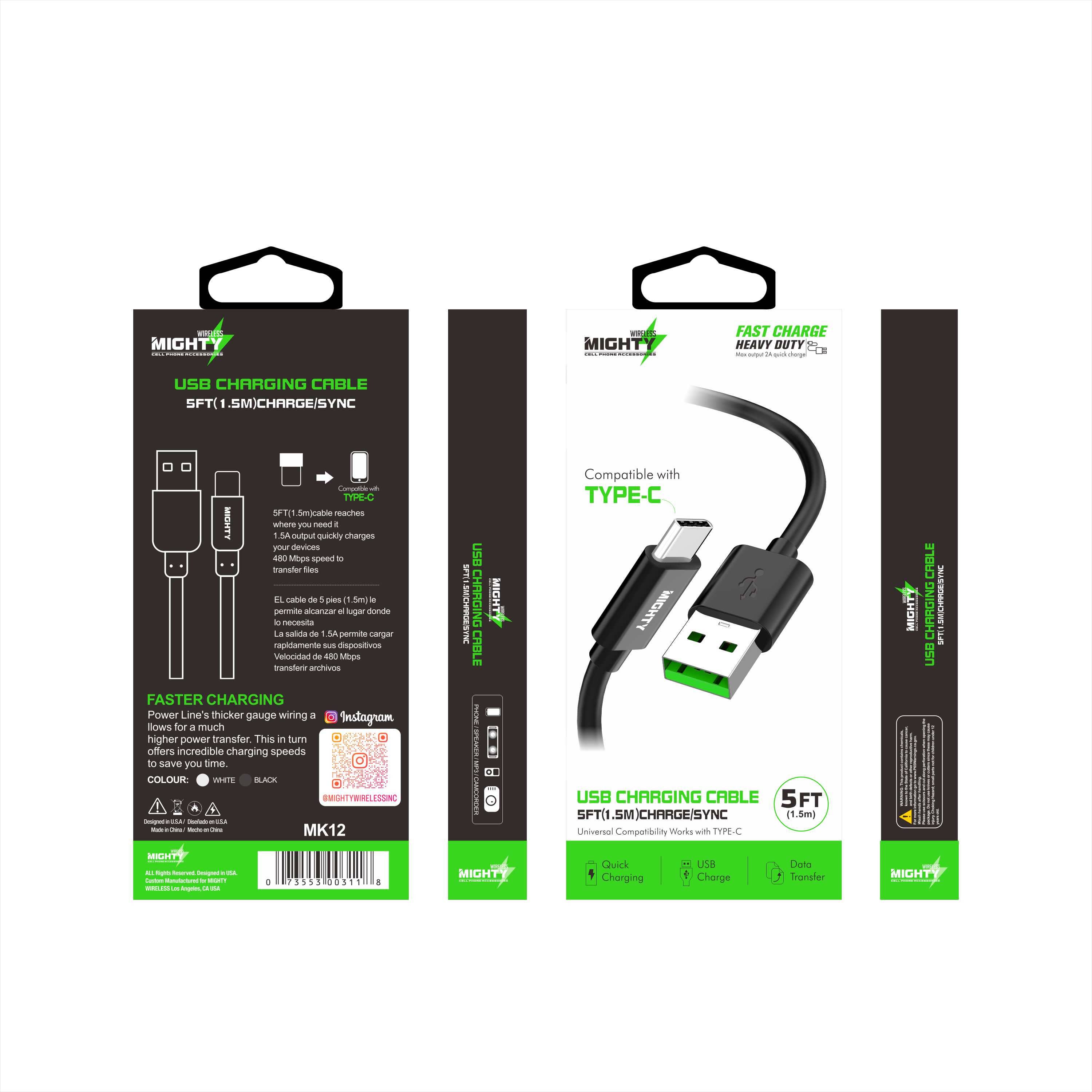 Mighty Wireless - Wholesale Charging Cable - Mighty Fast Charging 5FT Type-C Cable Black MK12 2