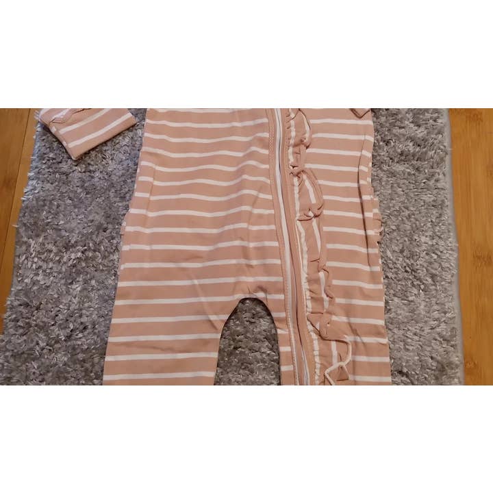 Pink stripe zip ruffle baby romper for wholesale by Jones & Ivy Collections, Inc.