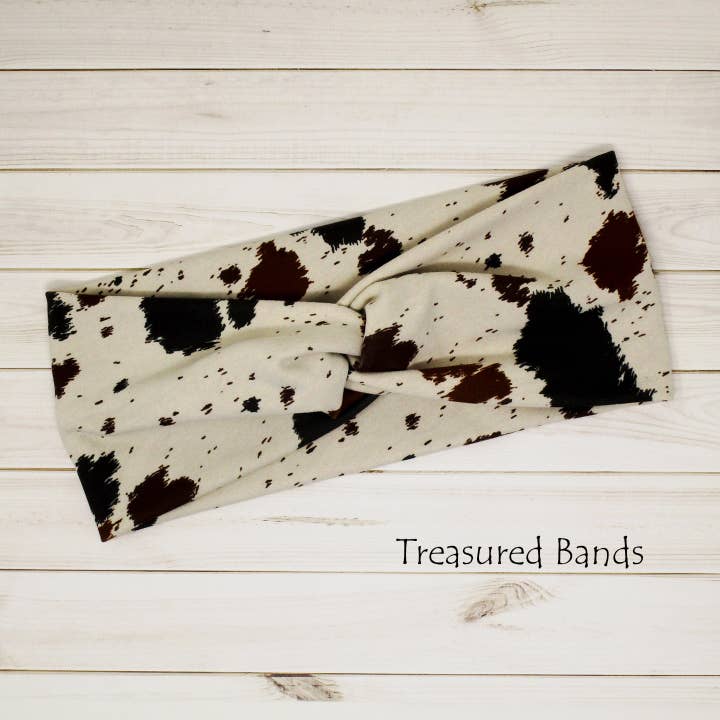 Cowhide Two-tone Print on Natural Knit Twist Headband for wholesale by Treasured Haven
