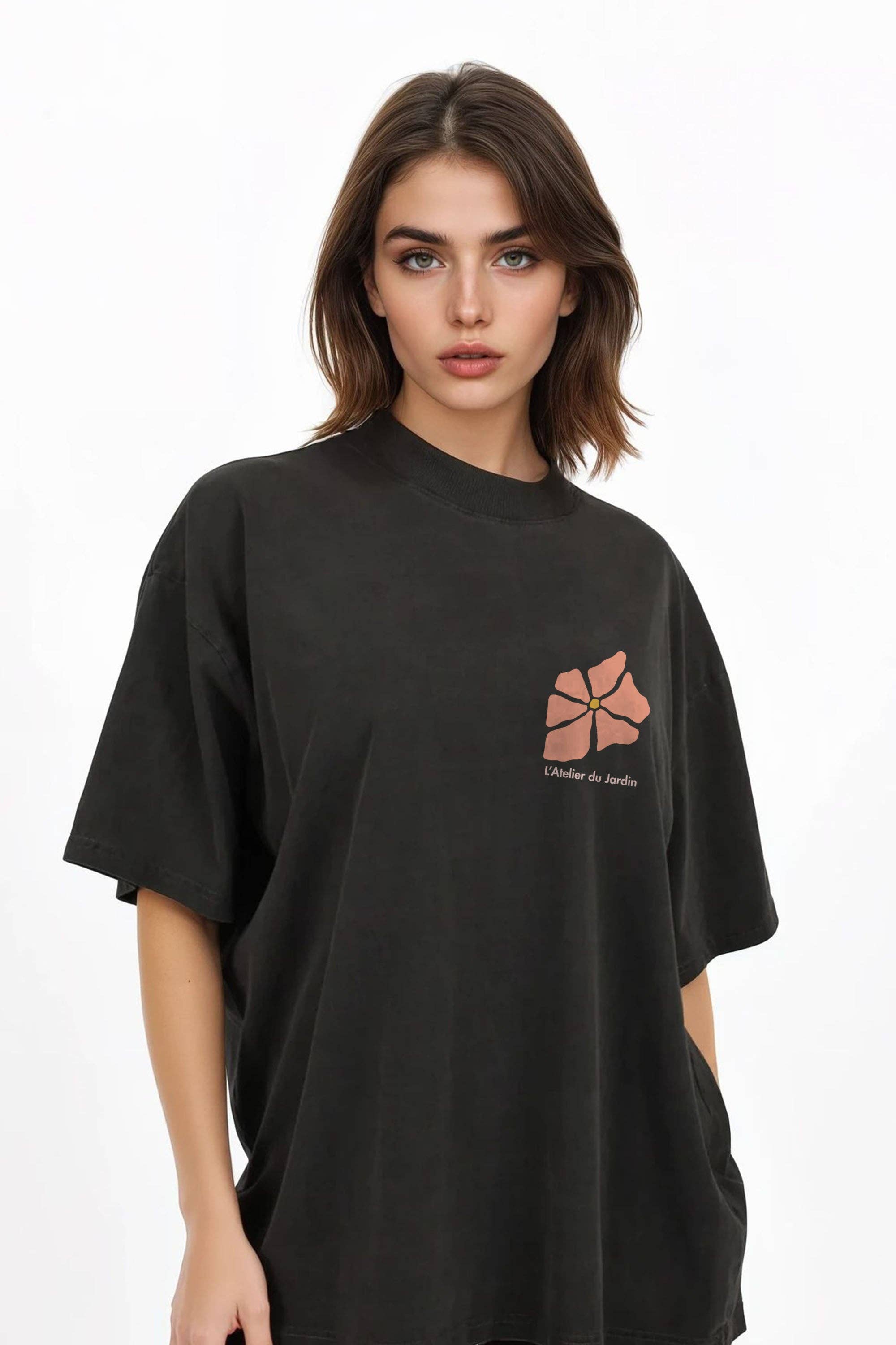 Washed Black 150GSM Oversized T-Shirt in L’Atelier du Jardin Floral Print for wholesale on Faire3