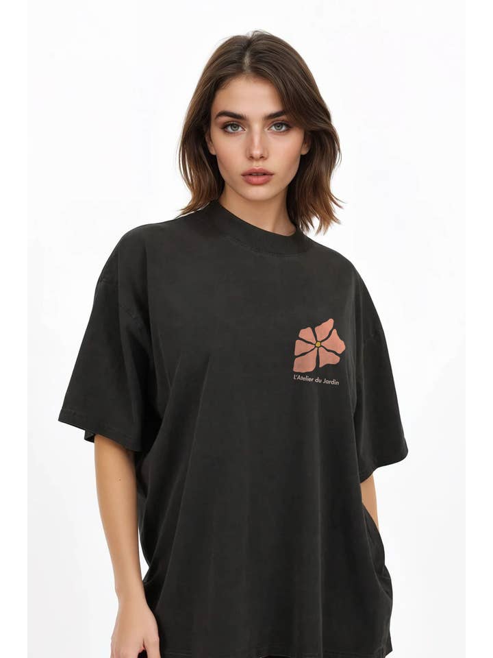 Washed Black 150GSM Oversized T-Shirt in L’Atelier du Jardin Floral Print for wholesale on Faire3