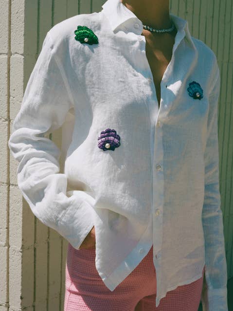 She Sells Seashells By The Seashore hand embroidered shirt for wholesale by Modern Society