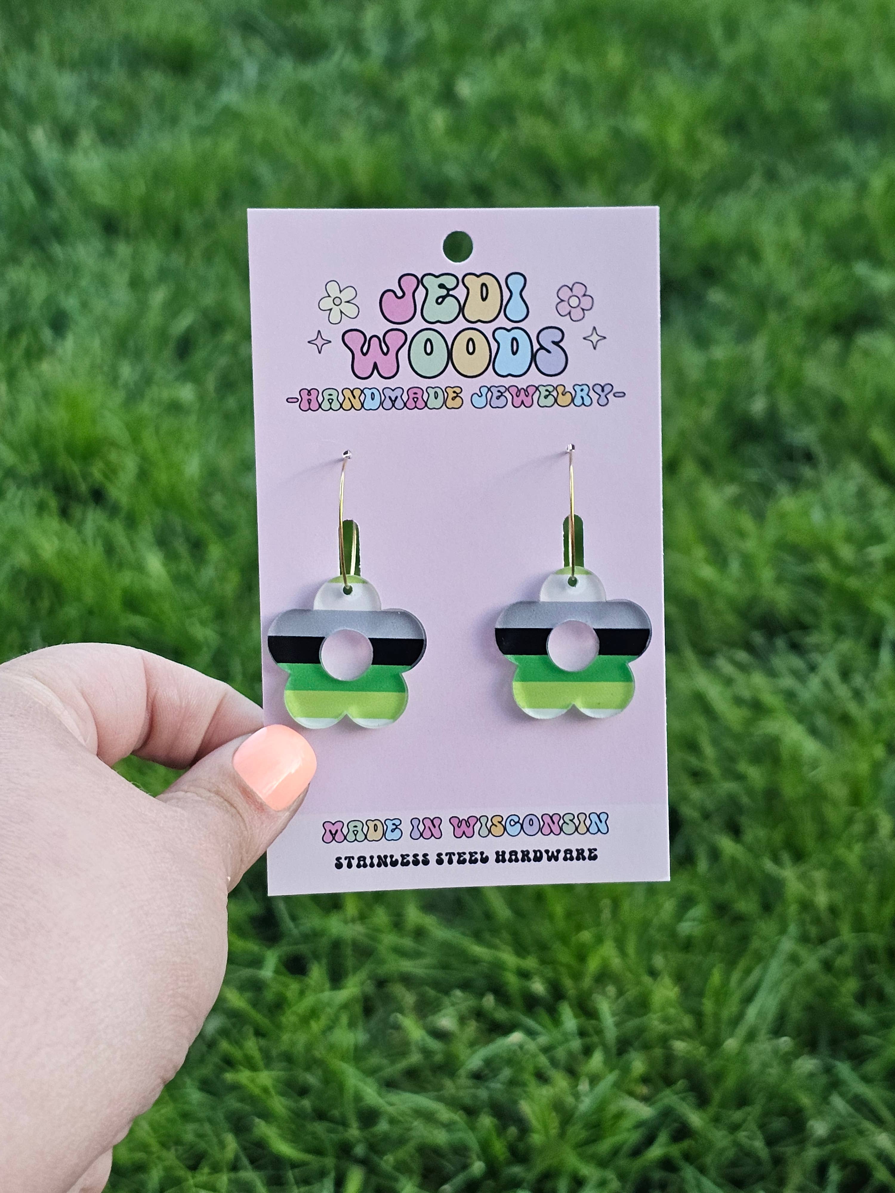 Jedi Woods LLC - Wholesale Dangle Earrings - Aromantic and Agender Pride Flag Flower Earrings