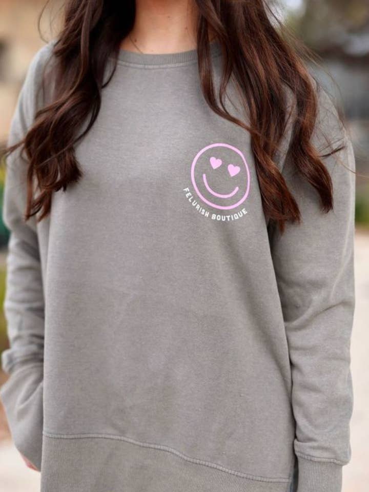 Jadelynn Brooke - Wholesale Graphic Sweatshirt - Women's - CUSTOM Happy Heart- Acid Wash Sweatshirt / Crew (Grey)