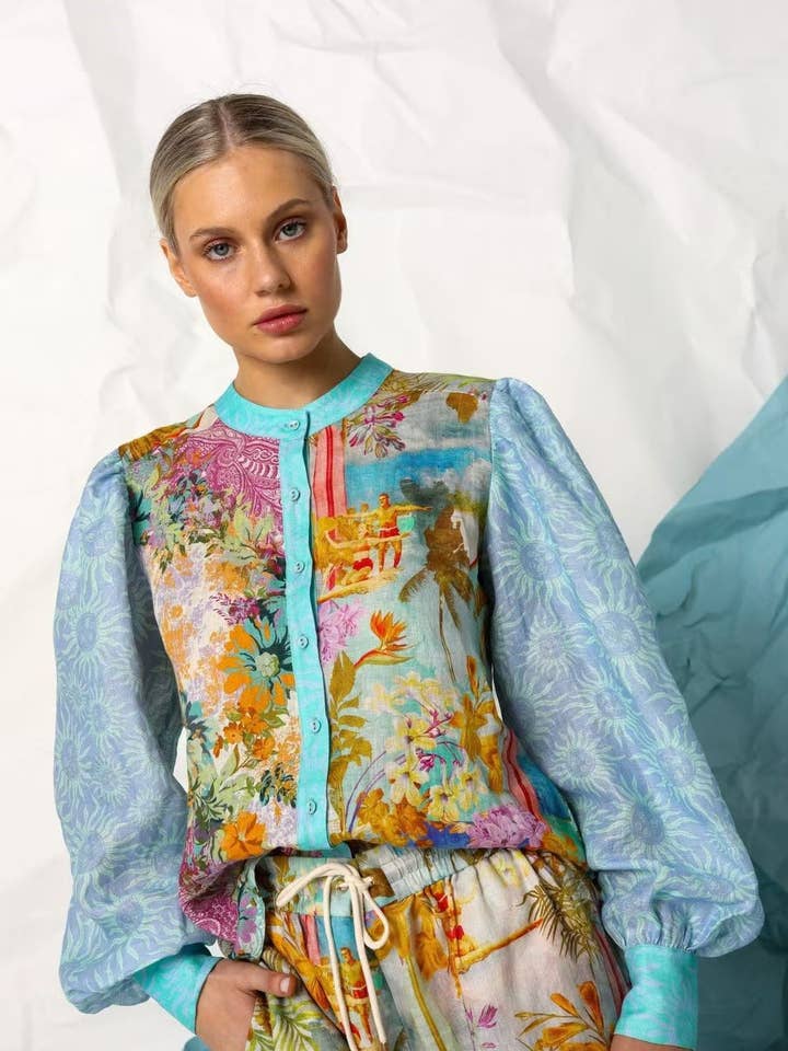 BLUE Temperament linen long sleeve shirt shorts suit for wholesale on Faire1