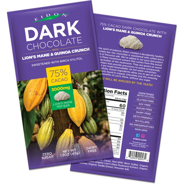 Eidon Ionic Minerals - Wholesale Chocolate Bar - Lion's Mane & Quinoa Crunch Dark Chocolate Bar