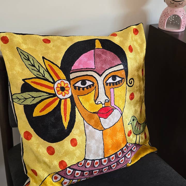 Hand-Embroidered Frida Kahlo Yellow Cushion Cover for wholesale by salty cactus