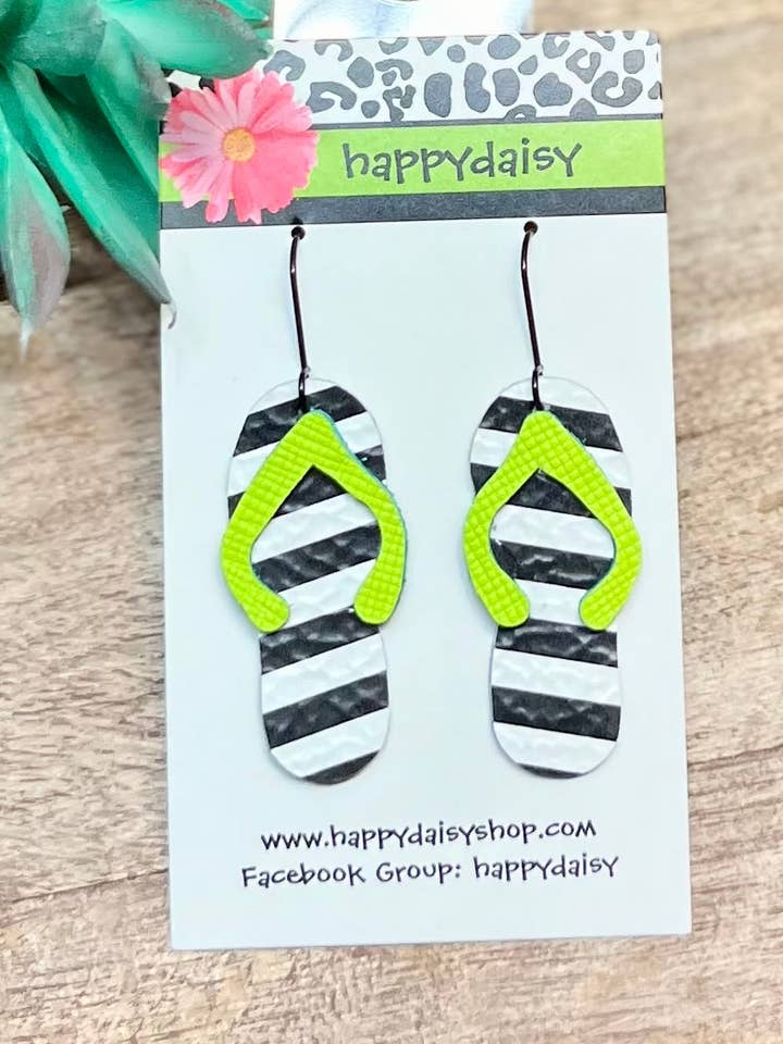 Boucles d'oreilles d'été en cuir vert fluo, noir et blanc pour la vente par happydaisy