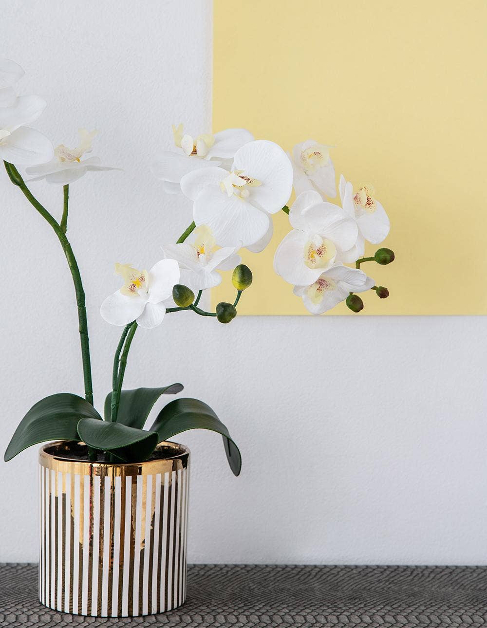 A&B Home Group Inc. – wholesale Artificial flowers – 9.5x6x20.5"H Artificial White Orchid in Gold Striped Pot3