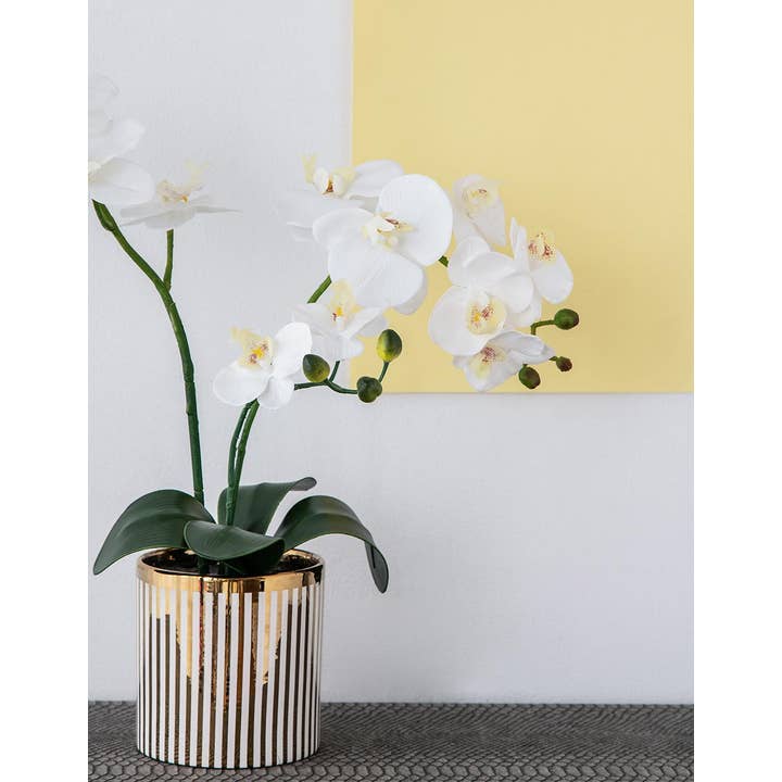 A&B Home Group Inc. – wholesale Artificial flowers – 9.5x6x20.5"H Artificial White Orchid in Gold Striped Pot3