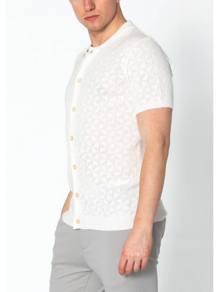 Men's Geometric Crochet Knit Polo - Off White for wholesale on Faire