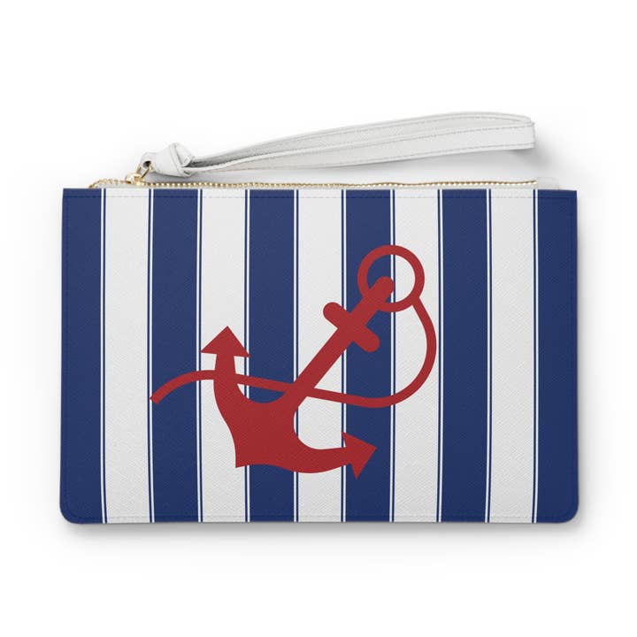 Pochette à rayures cabana ancre rouge, sac à main en cuir végétalien pour la vente par Lyn Roma