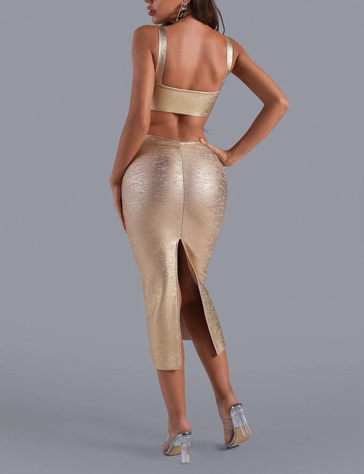 SY115 Gold Glamour Bandage Suspender Midi Skirt for wholesale on Faire5