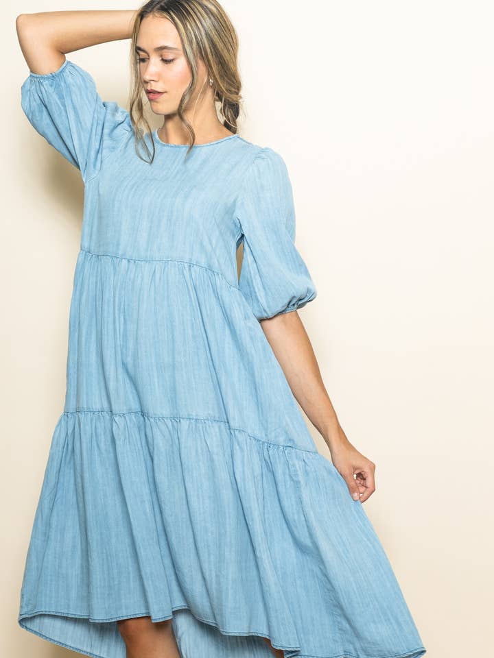 Vestido Vintage em Denim Chambray Lavado com Camadas e Bolsos por atacado de Elloh Collection