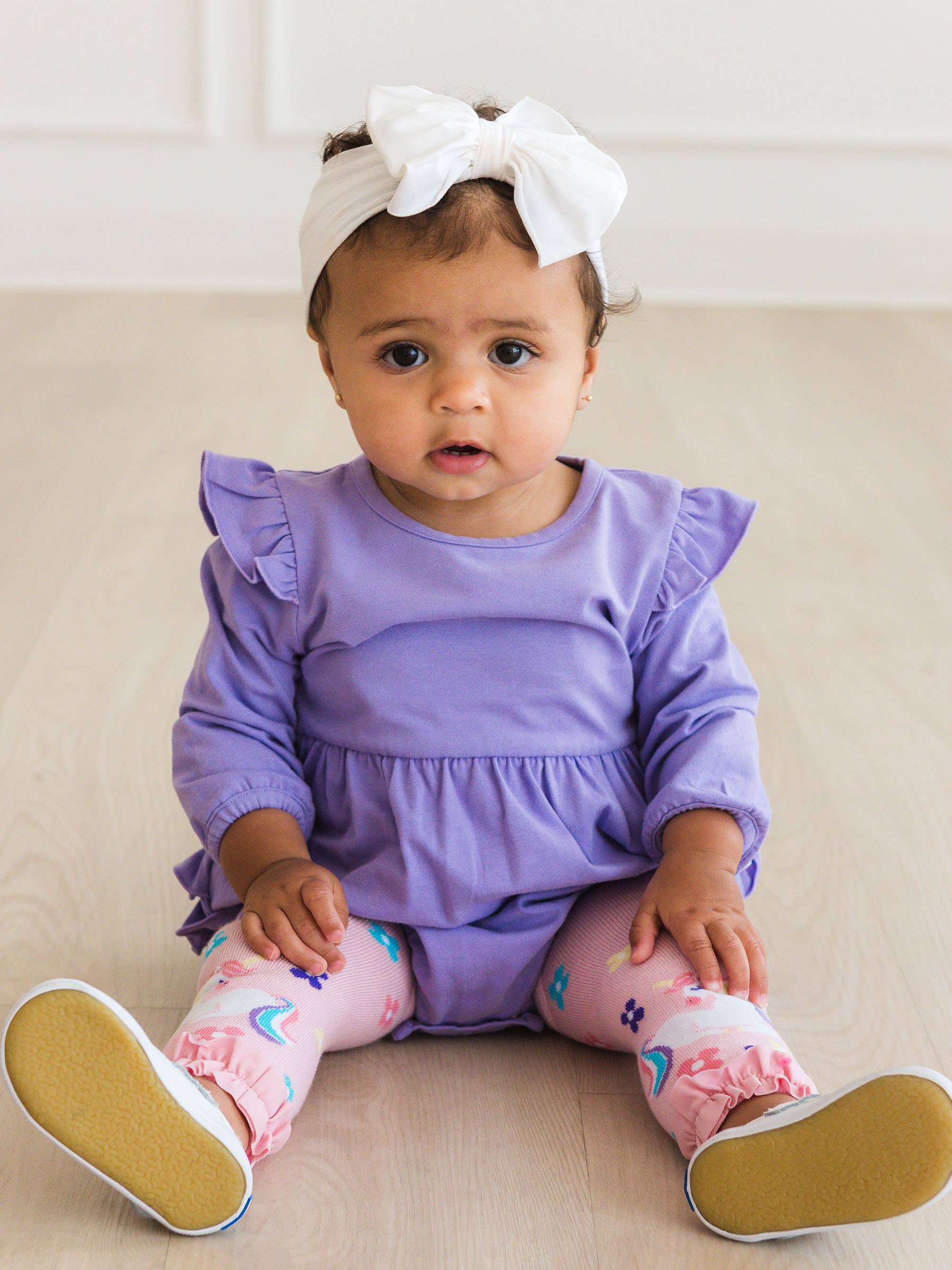 Baby Girls Wisteria Purple Knit Long Sleeve Flutter Bubble Romper for wholesale on Faire1