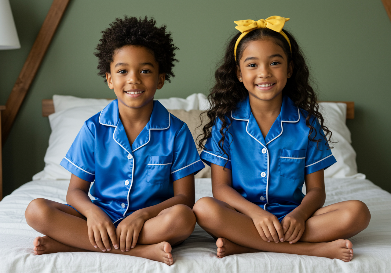 The Blissful – Großhandel Schlafanzug-Set – Kinder – Luxuriöses Satin-Blumen-Kinderpyjama-Set1