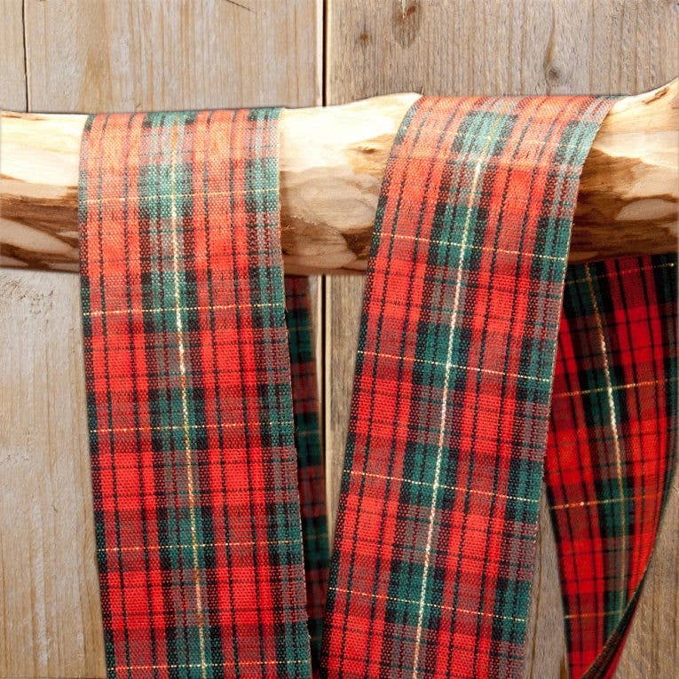 kadopapier.net - Vente Ruban – emballage cadeau - Ruban textile tartan rouge et vert avec fils dorés0