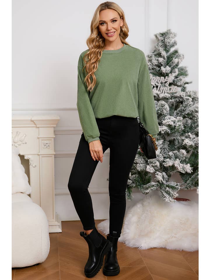 Aapparella - Wholesale Sweatshirt - Women's - Women Solid Corduroy Crewneck Loose Fit Sweatshirt | S-2XL