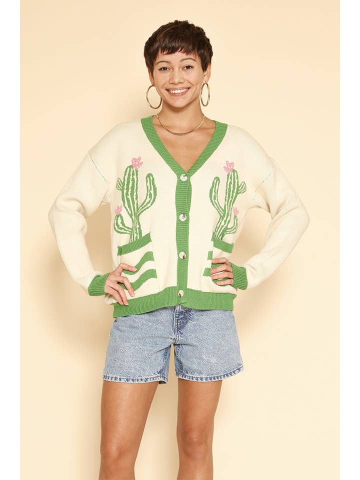 Grøn multi Kaktus blomstercardigan for engroshandel på Faire4