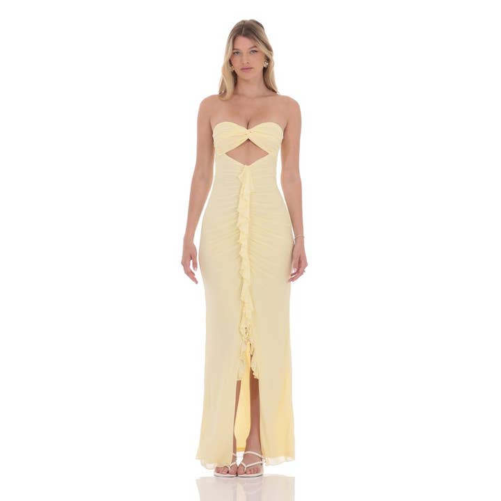 Robe Maxi à Volants Découpée en Maille Jaune pour la vente par Lucy In The Sky