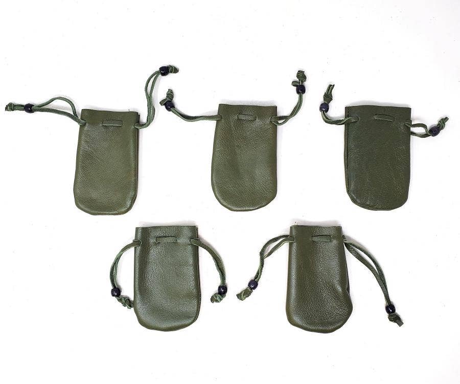 GREENROOTS USA LLC - Wholesale Pouch - Women's - (5 Pack ) - Olive Green Leather Drawstring Pouch/Bag 3X2"