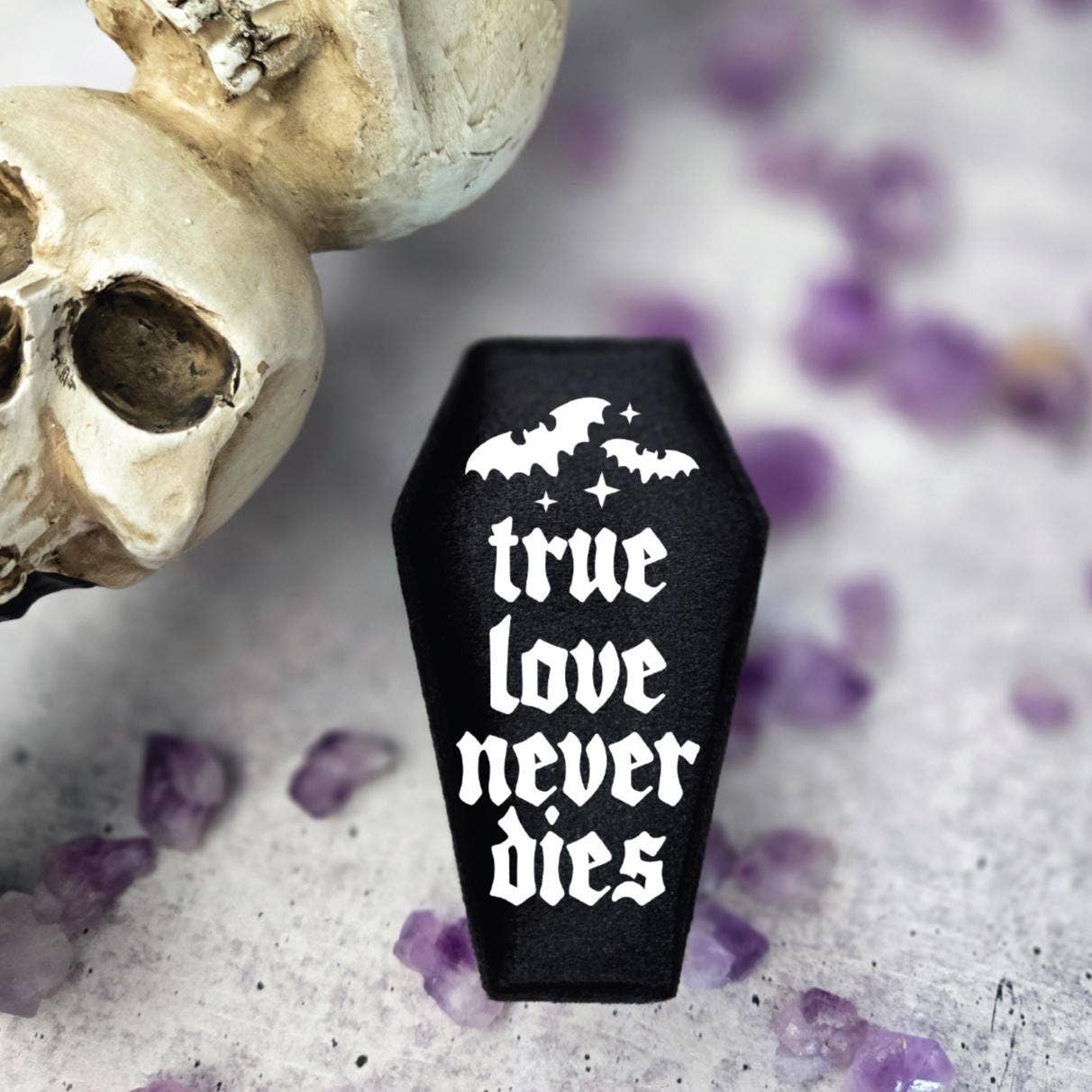 Salt and Sparkle - Wholesale Jewelry Box/Organizer - True Love Never Dies Black Velvet Coffin Ring Box