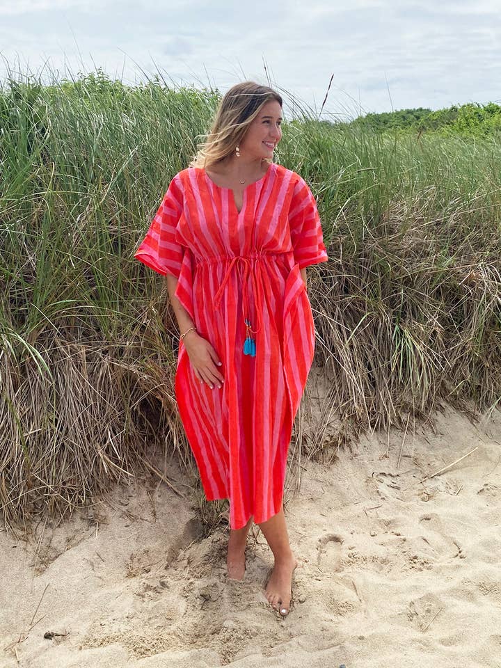 Amisha Long Kaftan | Pink and Red Stripe for wholesale by Amisha
