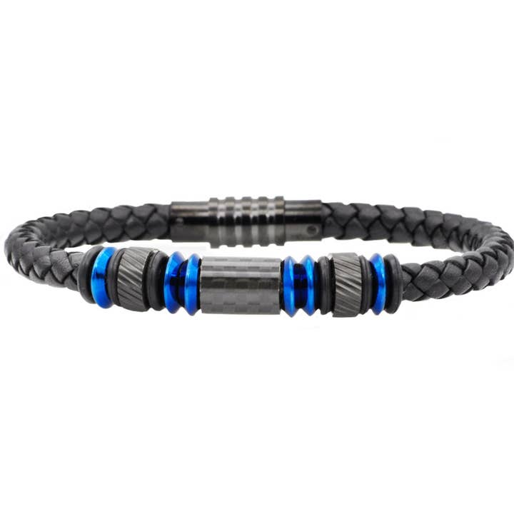 Zwarte leren blauwe roestvrijstalen herenarmband met koolstofvezel voor wholesale door Blackjack Mens Jewelry