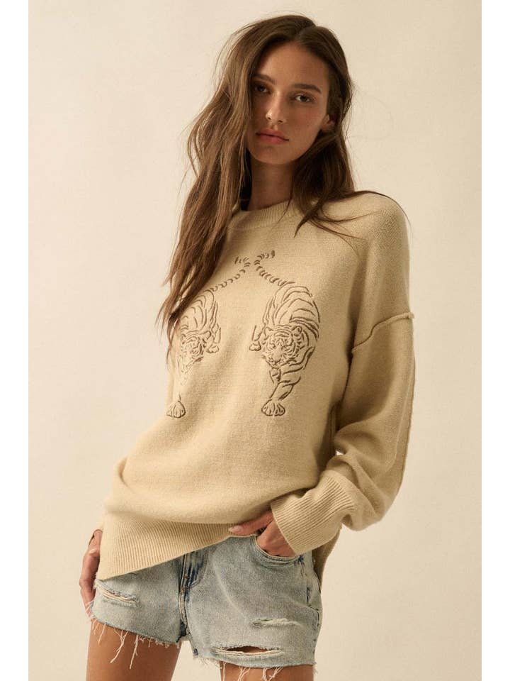 Promesa USA - Wholesale Knit Sweater - Women's - Embroidered Tigers Solid Knit Exposed-Seam Sweater11