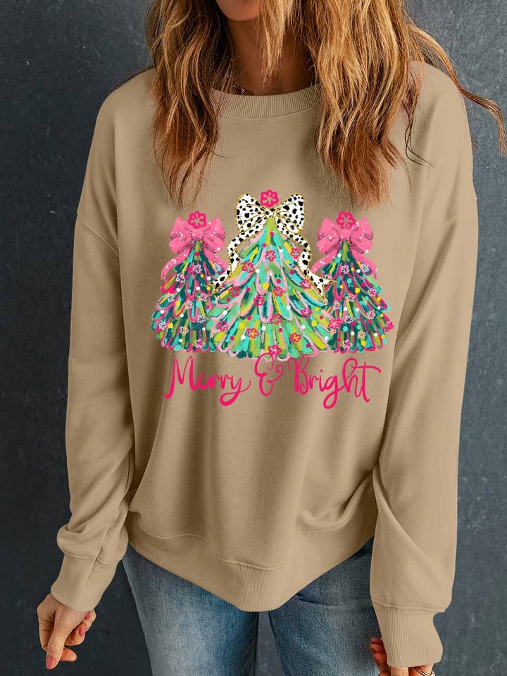 Khaki Merry & Bright Christmas Tree Print Pullover Sweatshirt for wholesale on Faire2
